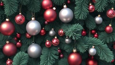 The primary subject of the image is a Christmas tree adorned with various ornaments. The tree is covered in a multitude of ornaments, including red and silver balls, creating a festive and colorful scene. The setting is a Christmas tree, and the visual style is a combination of photo and digital art. The colors and mood of the image are predominantly red and silver, reflecting the holiday season and creating a warm and joyful atmosphere.